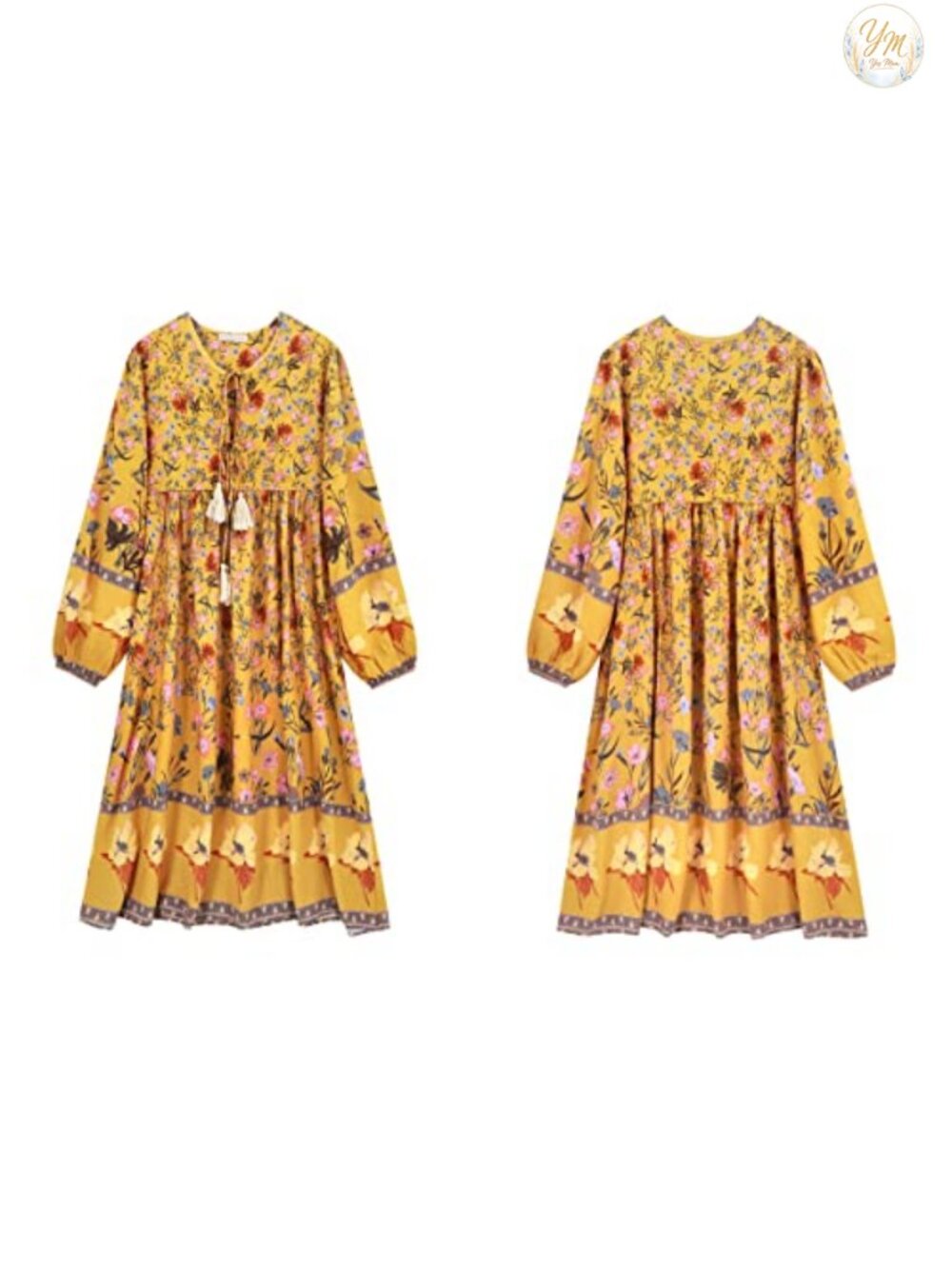 Boho Floral Midi Dress with Tassel Tie, Long Sleeve V-Neck - Picture 5 of 6